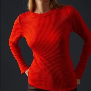 Anthropologie - Pilcro Reddish Orange Ribbed Mesh Crewneck Long Sleeve Blouse S